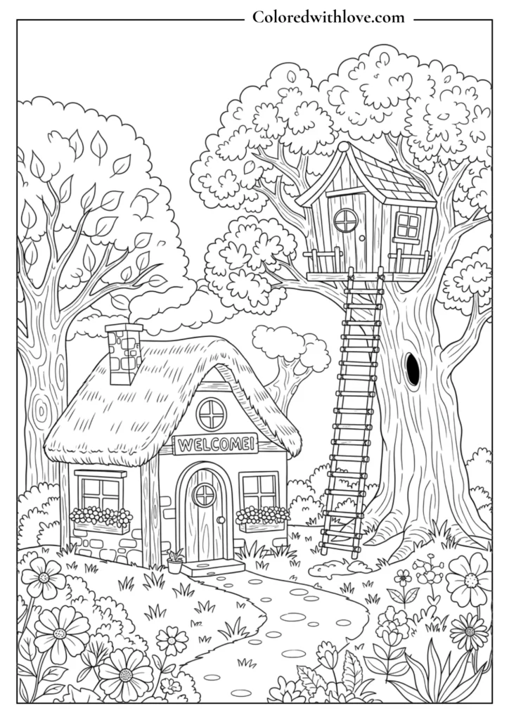 Treehouse Cottage Coloring Page Free Printable