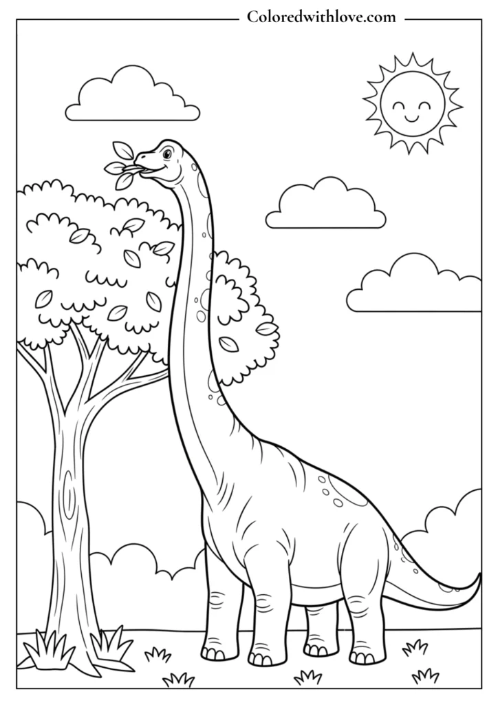 brachiosaurus dinosaur eating leaves coloring page for kids