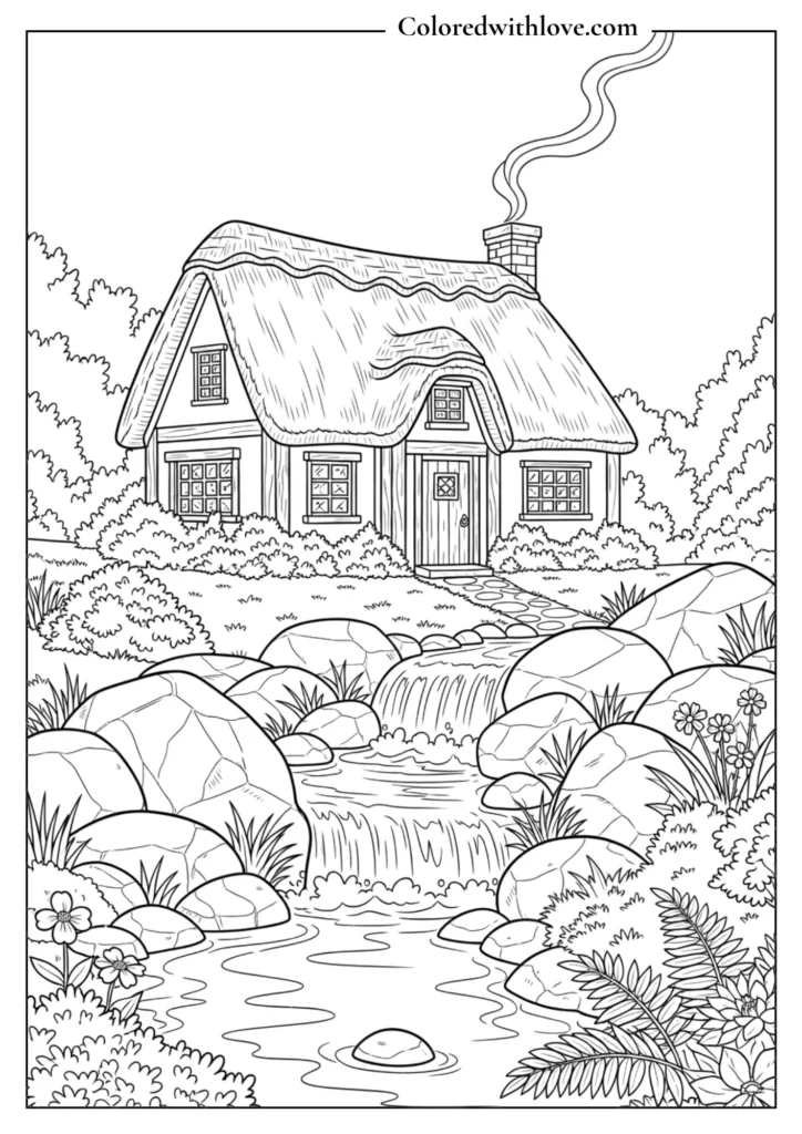 cottage coloring page with river, rocks, flowing stream and peaceful nature scene
