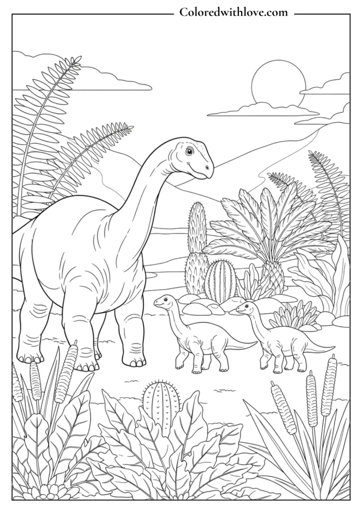brachiosaurus dinosaur family coloring page for kids
