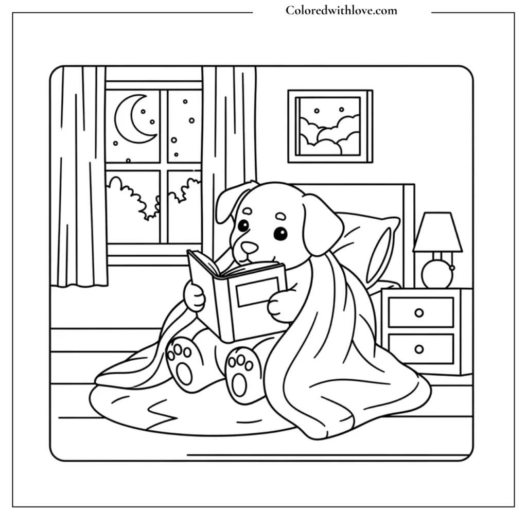 dog wrapped in blanket and reading a book coloring page
