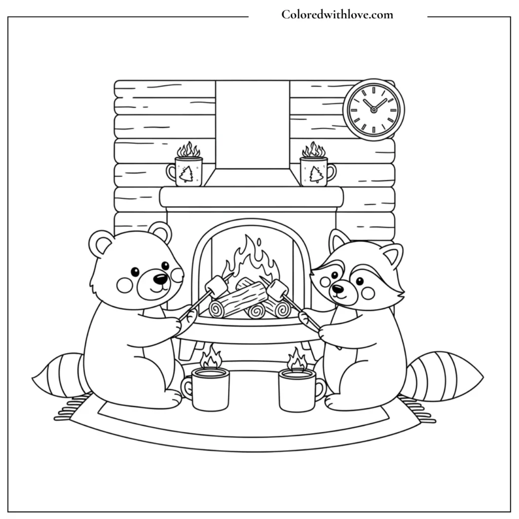 fox and a bear enjoying a hot cocoa coloring page