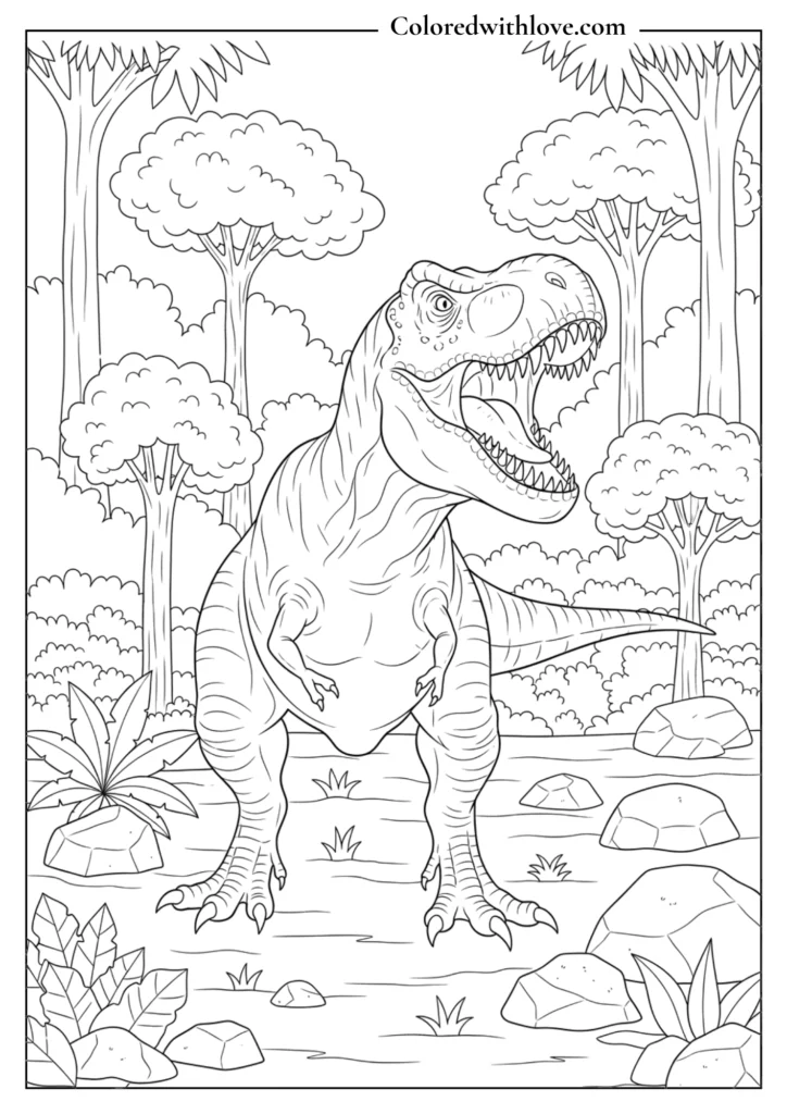 t rex dinosaur in forest coloring page for kids