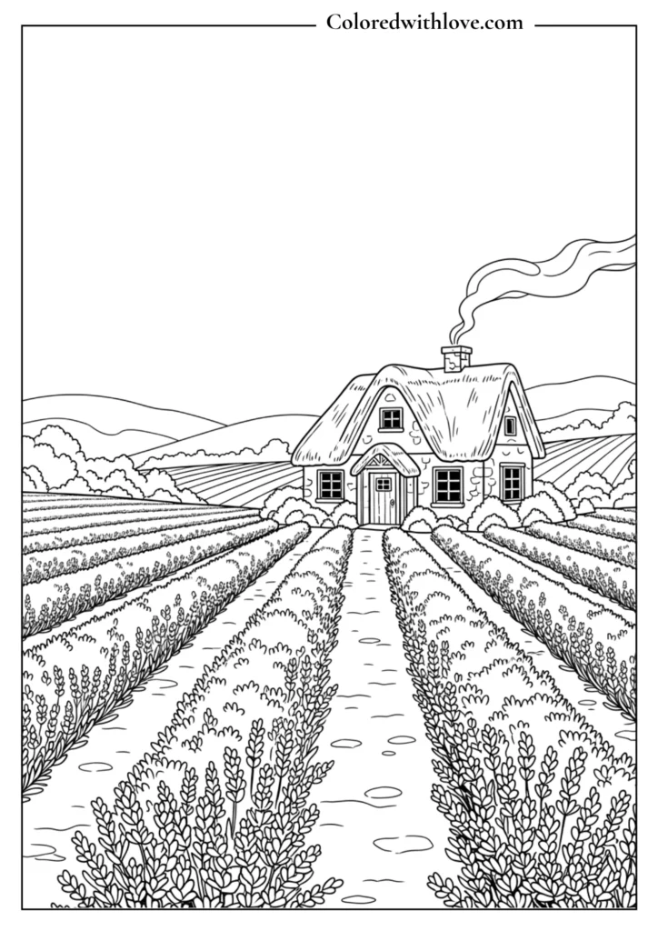 cottage coloring page with lavender fields, countryside rows, small house and peaceful landscape