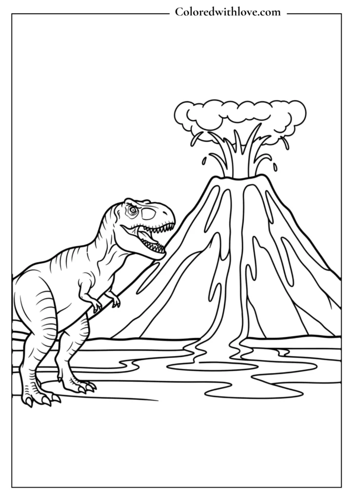 t rex dinosaur near volcano coloring page for kids