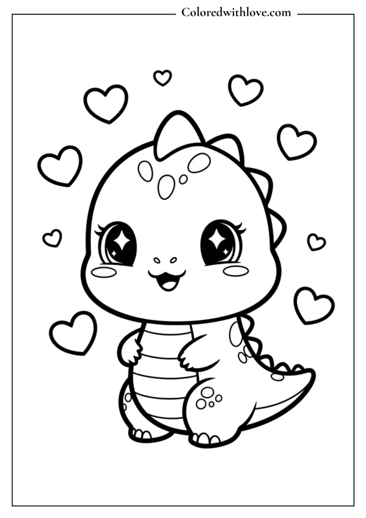 cute kawaii dinosaur with hearts coloring page free printable dinosaur coloring pages for kids