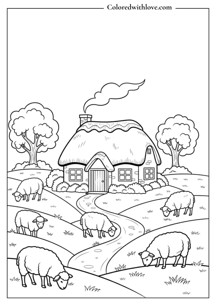 cottage coloring page with sheep, rolling hills, trees and cozy farmhouse scene
