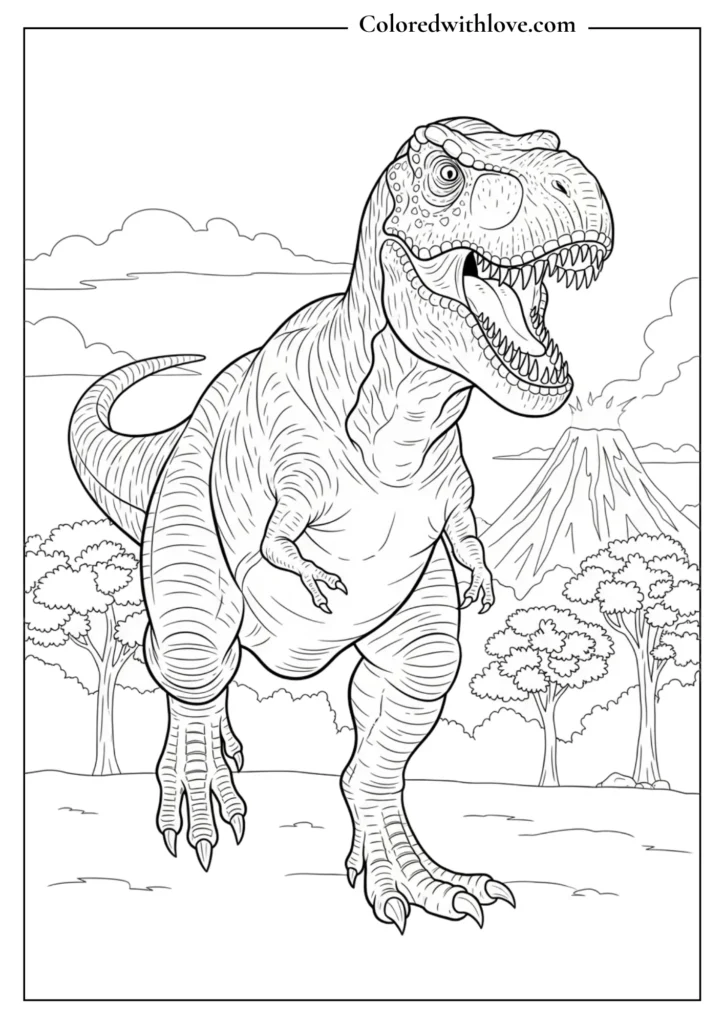 realistic t rex dinosaur coloring page for kids