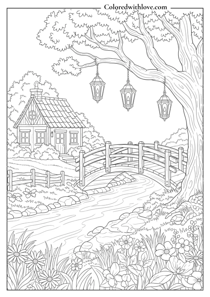 cottage coloring page with wooden bridge, river, flowers and peaceful garden scene