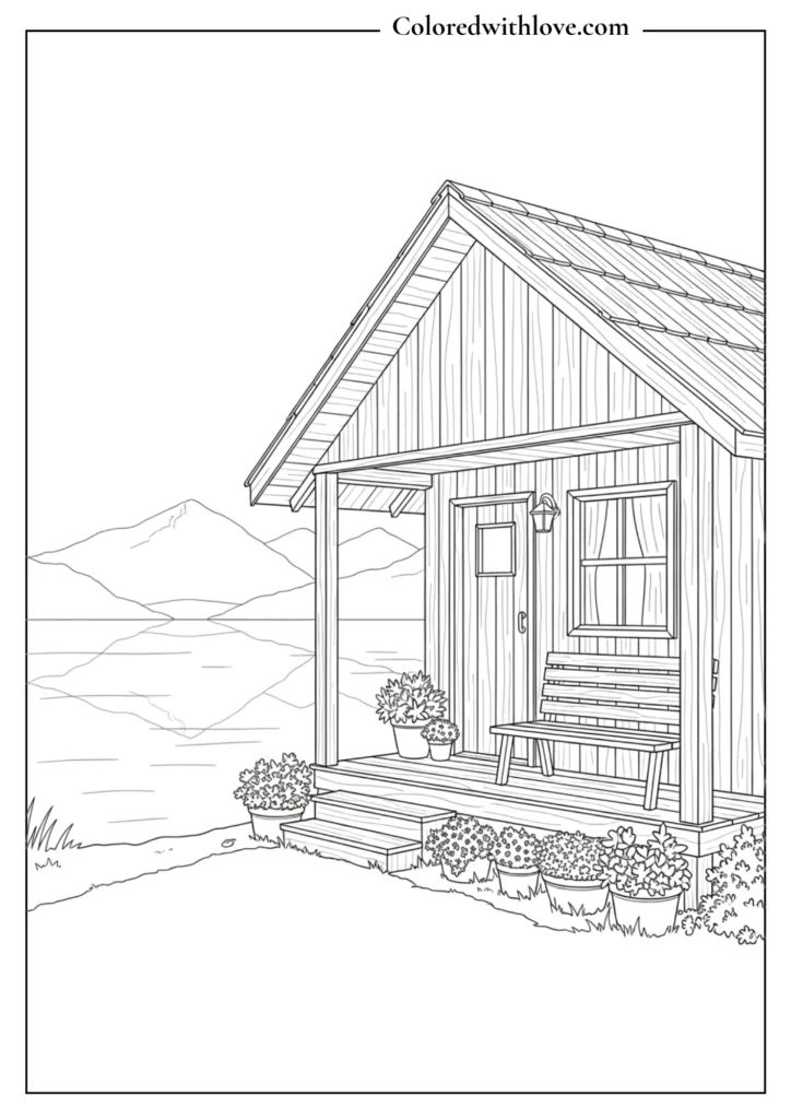 cottage coloring page with lake, mountains, wooden cabin and peaceful nature view