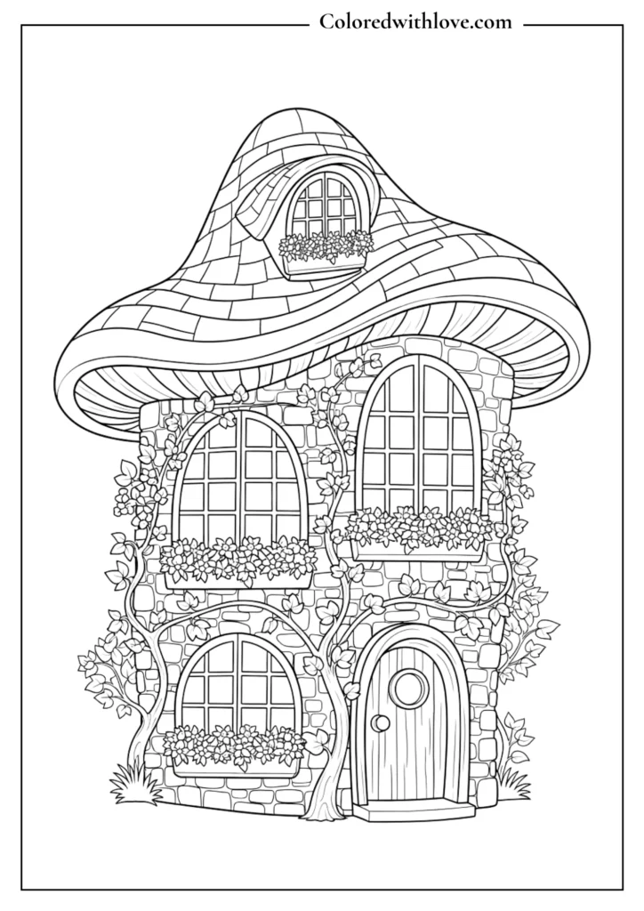 cottage coloring page with whimsical mushroom roof, flowers and fantasy fairytale house