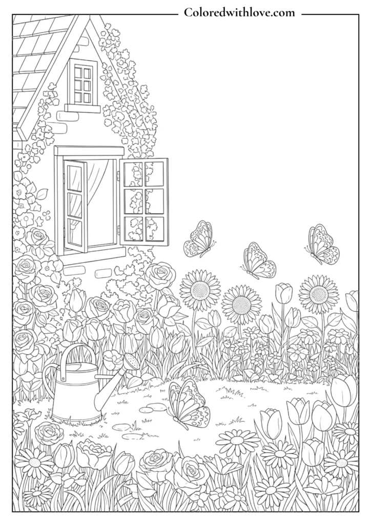 cottage coloring page with flowers, butterflies, watering can and blooming garden scene