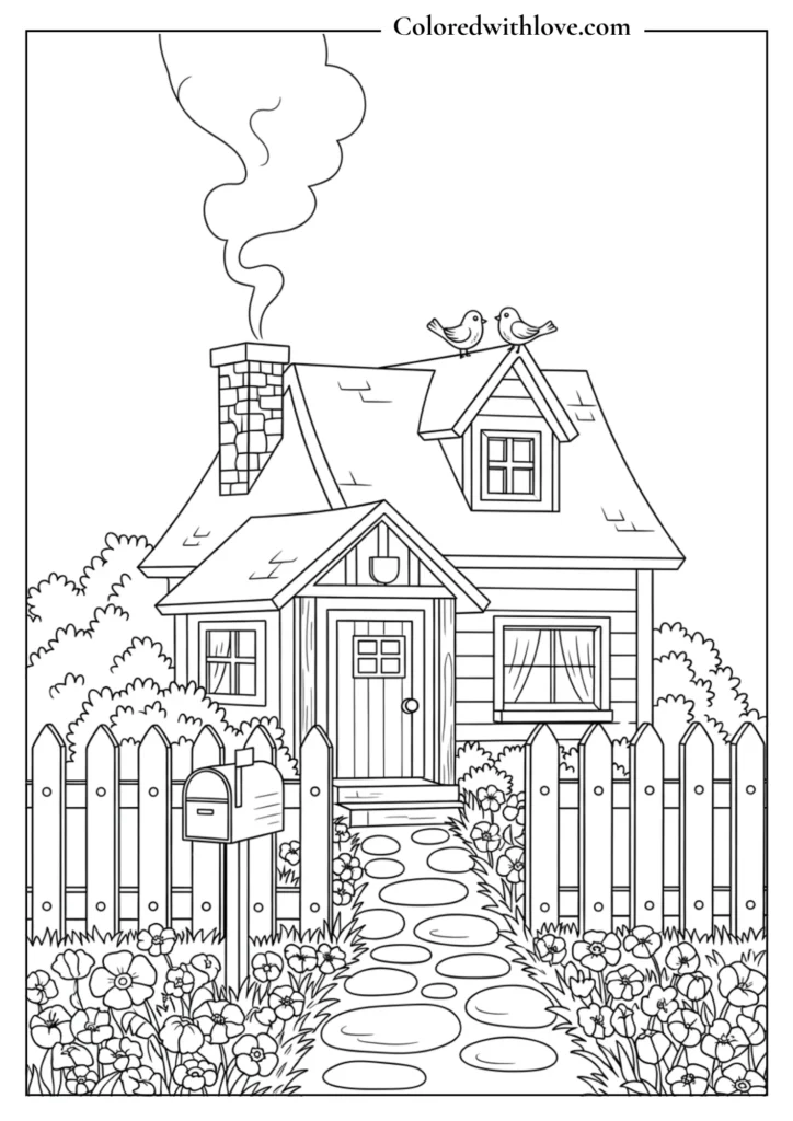 cottage coloring page with fence, mailbox, flowers and cozy front yard path