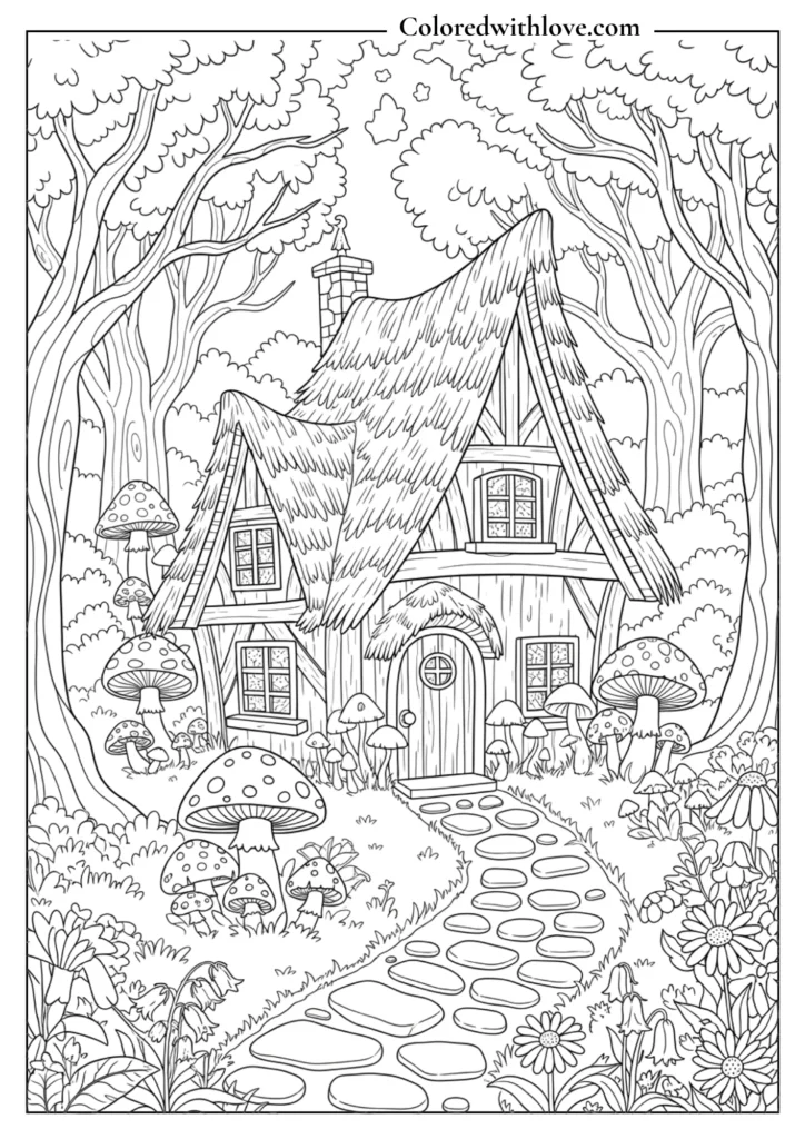 fantasy mushroom cottage coloring page in enchanted forest with mushrooms, flowers and fairytale house printable