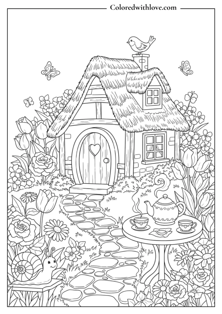 cute cottage garden coloring page with tea table, flowers, butterflies and small house cozy printable