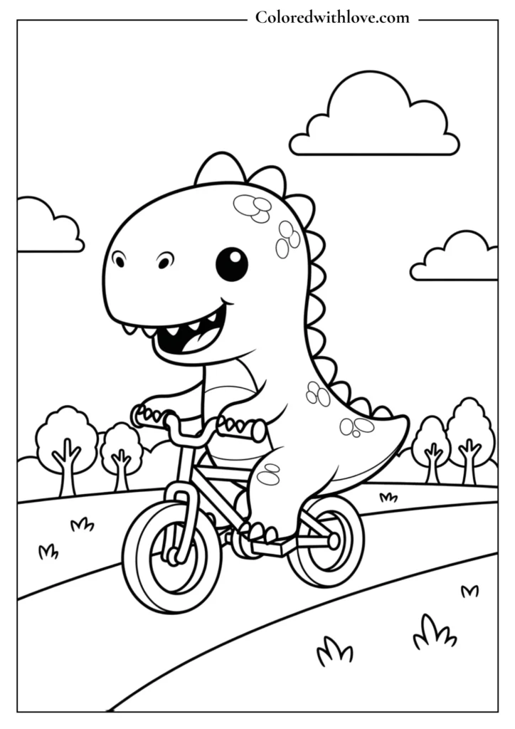cute dinosaur riding a bicycle coloring page for kids