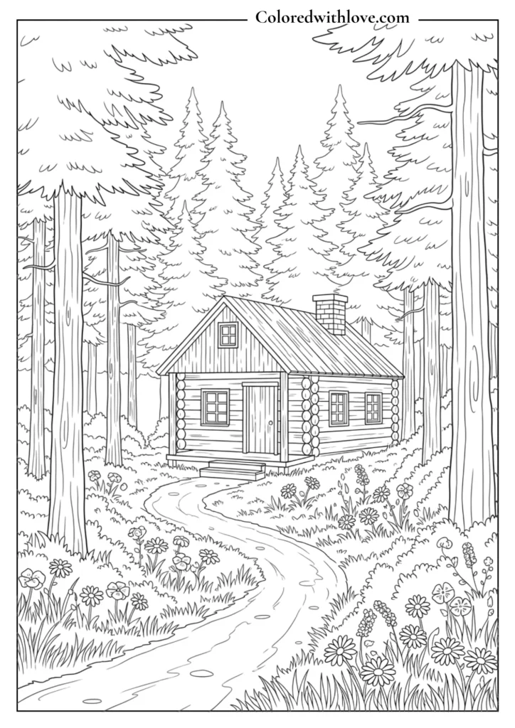forest cabin coloring page with tall trees, winding path, flowers and peaceful woodland scene printable
