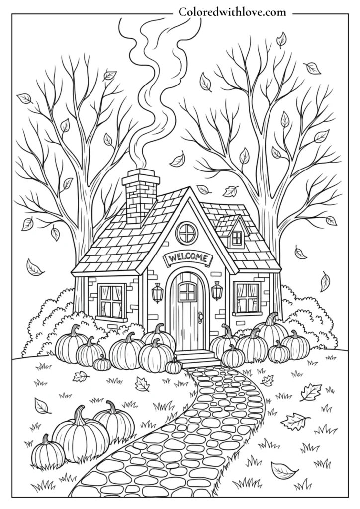 autumn cottage coloring page with pumpkins, falling leaves, cozy house and winding stone path printable