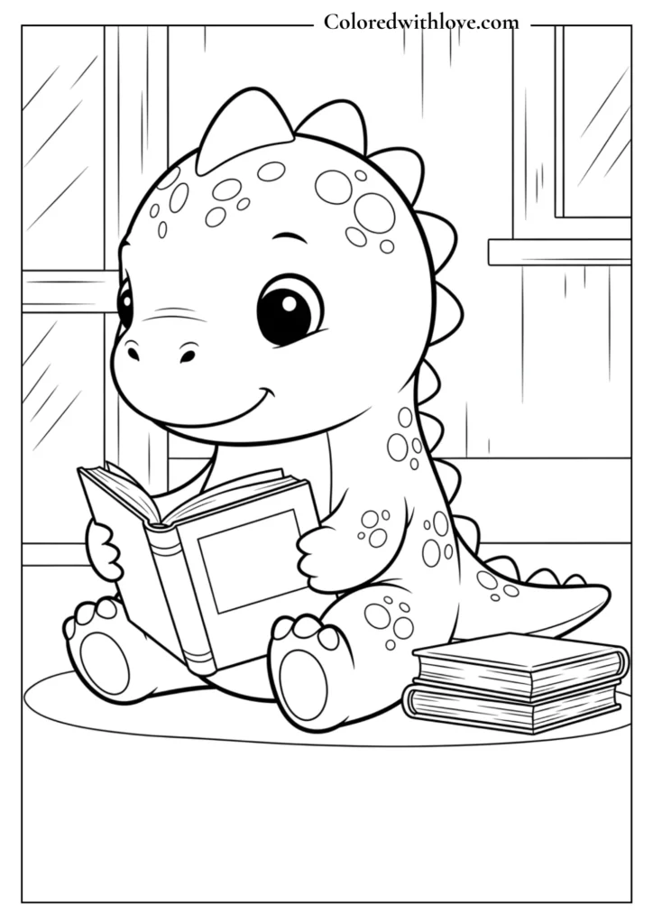cute dinosaur reading a book coloring page for kids