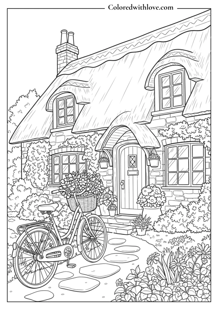 cozy cottage coloring page with bicycle, flower basket, garden path and charming house exterior printable