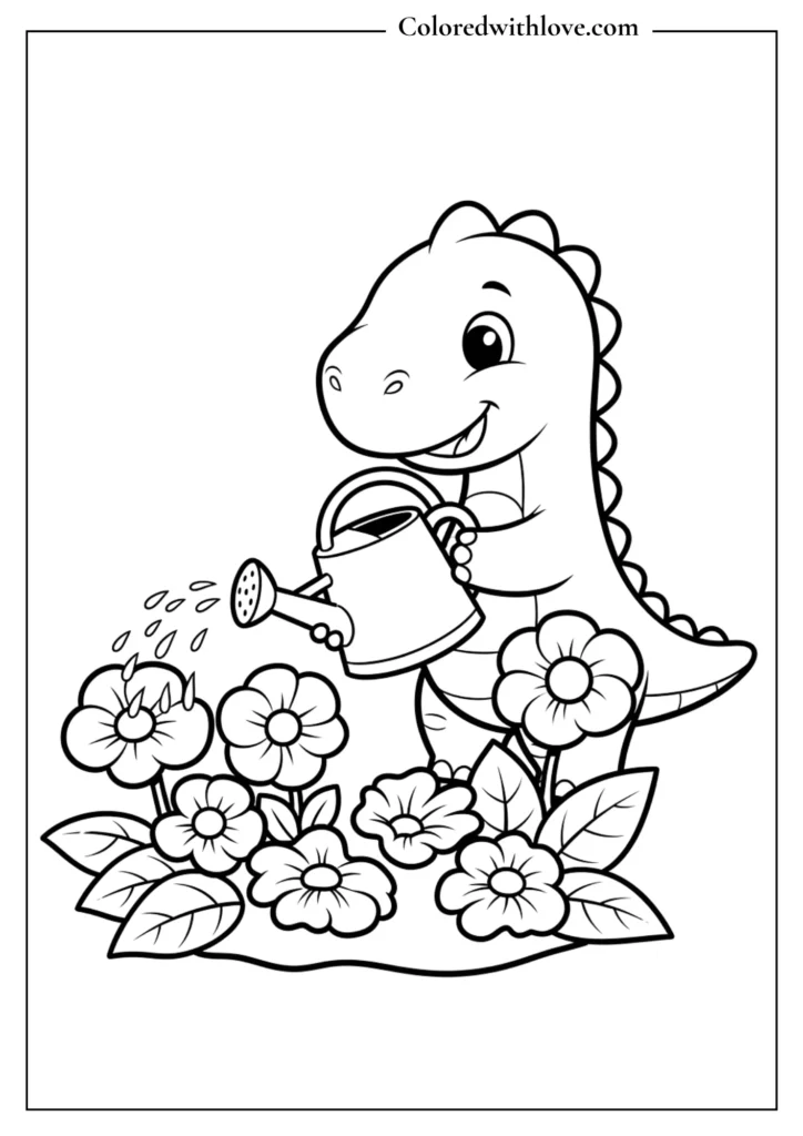 cute dinosaur watering flowers coloring page for kids