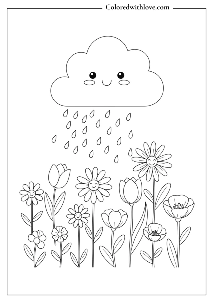 Smiling flowers growing under a happy rain cloud
Smiling flowers growing under a happy rain cloud coloring page

