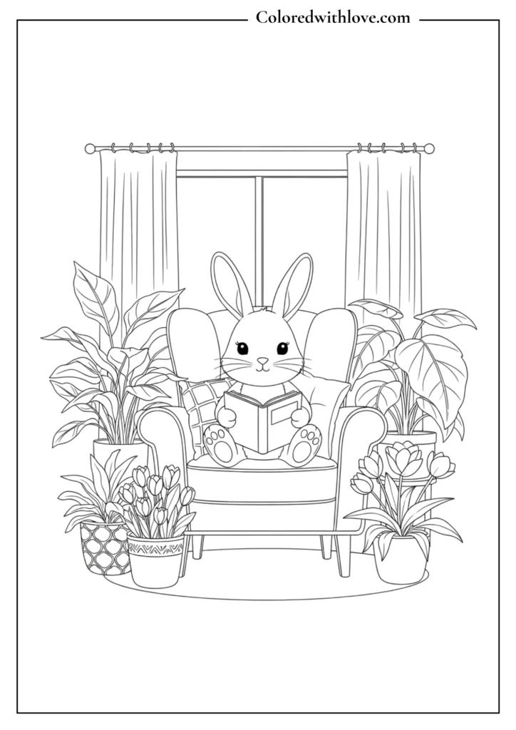 a cute bunny sitting on a sofa coloring page