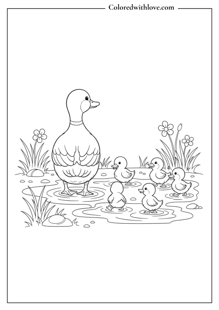 A cheerful duck family swimming in a pond coloring page