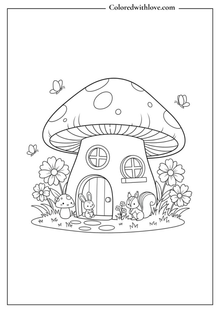 Mushroom houses surrounded by flowers