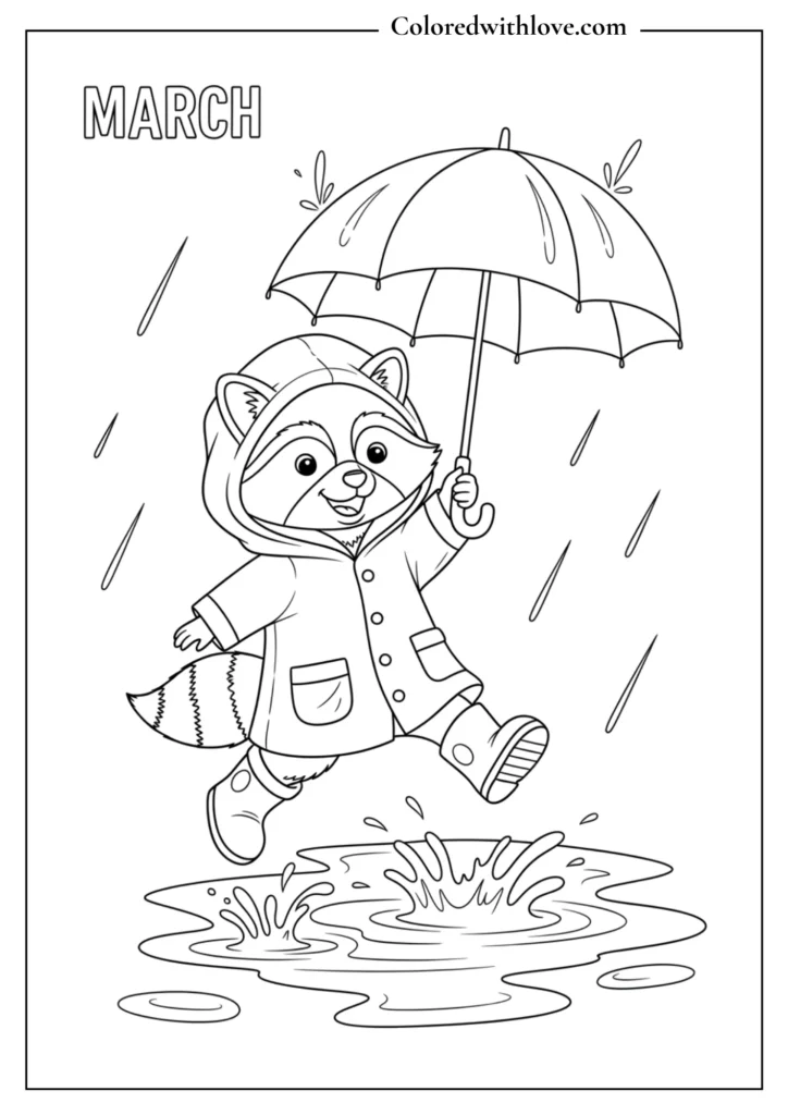 A raccoon splashing through rain boots coloring page
