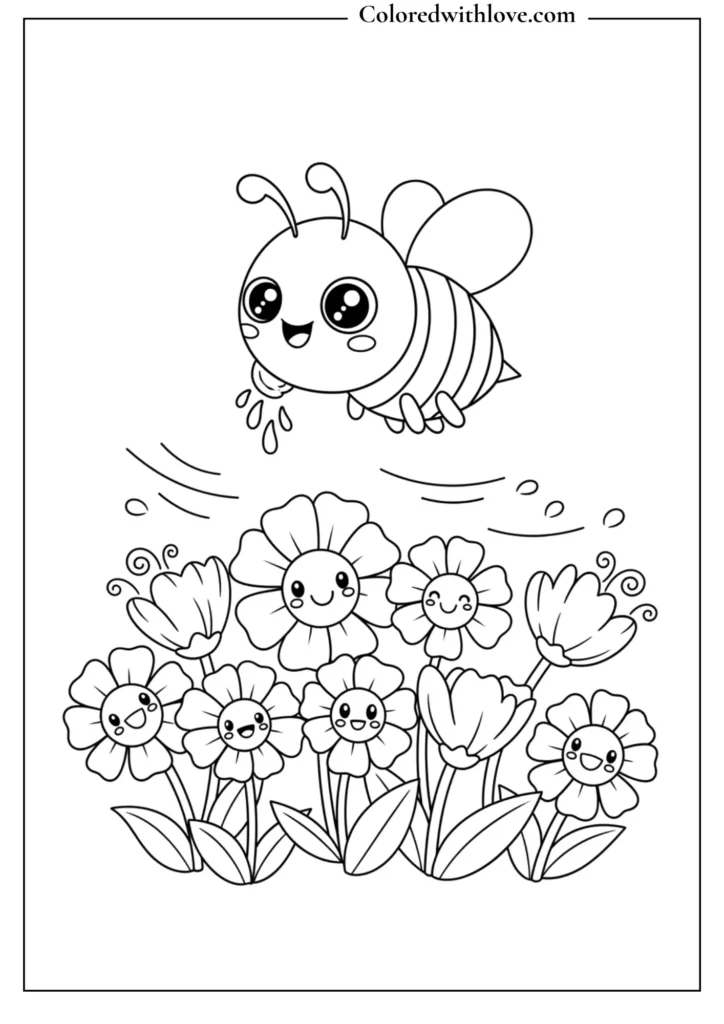 A buzzing bee flying over smiling flowers coloring page

