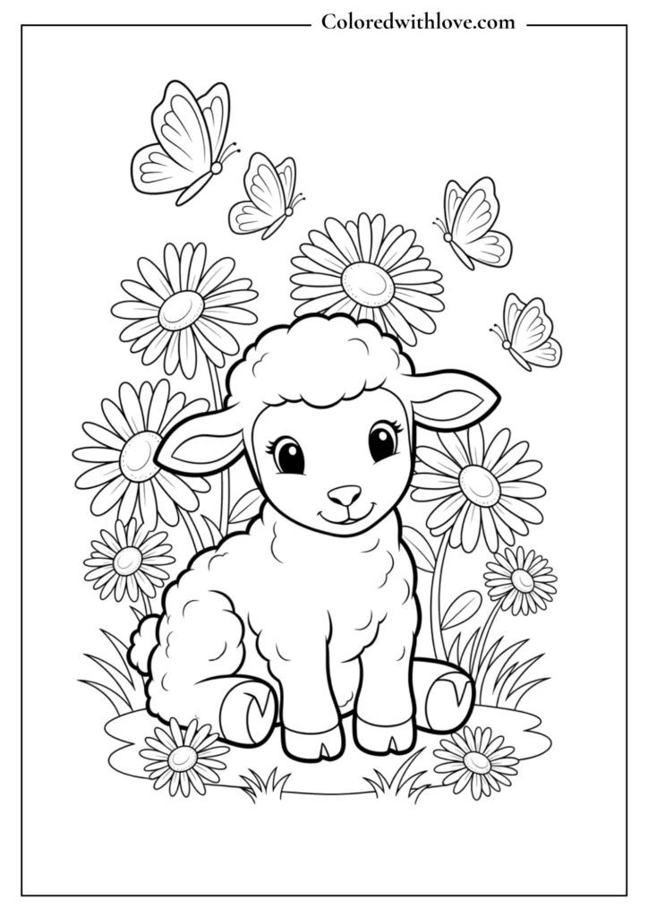 A fluffy lamb surrounded by flowers coloring page
