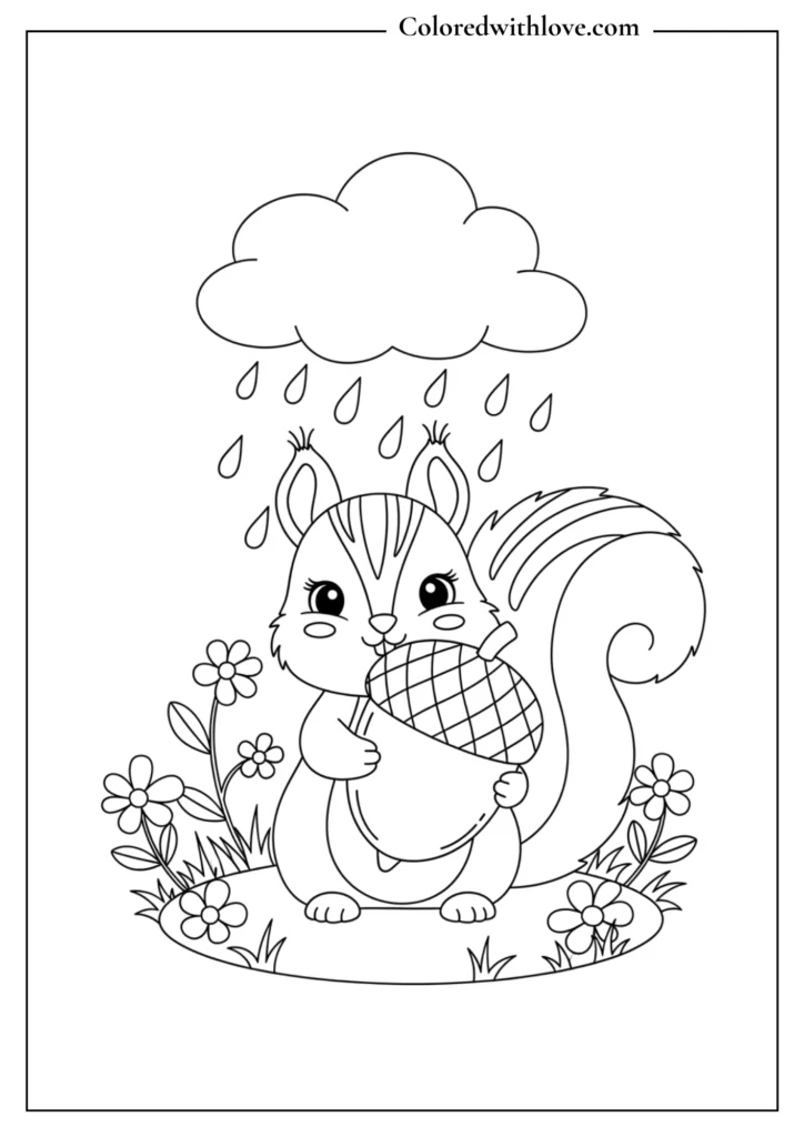 A playful squirrel enjoying spring rain coloring page
