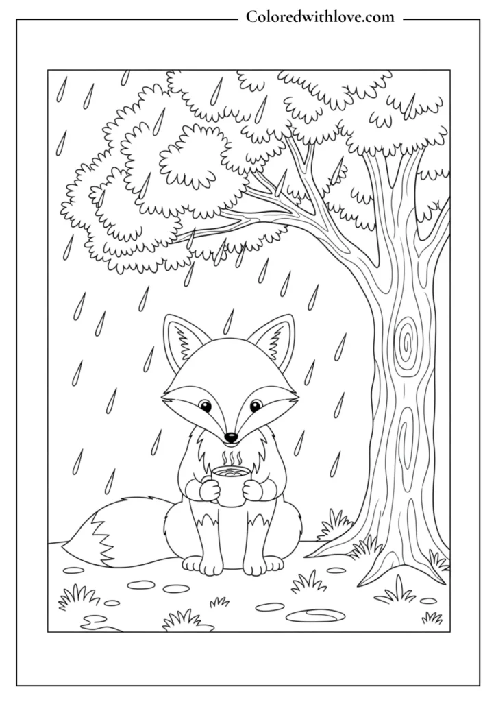 A curious fox sitting under a rainy tree Coloring Page

