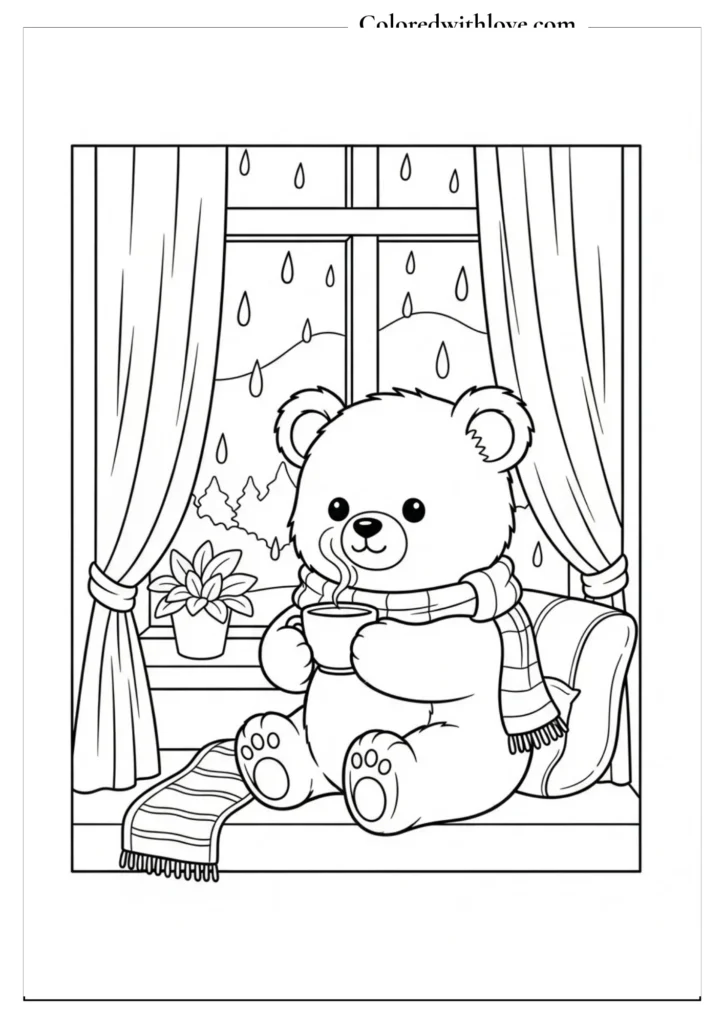 Cozy animals sipping warm drinks indoors coloring page