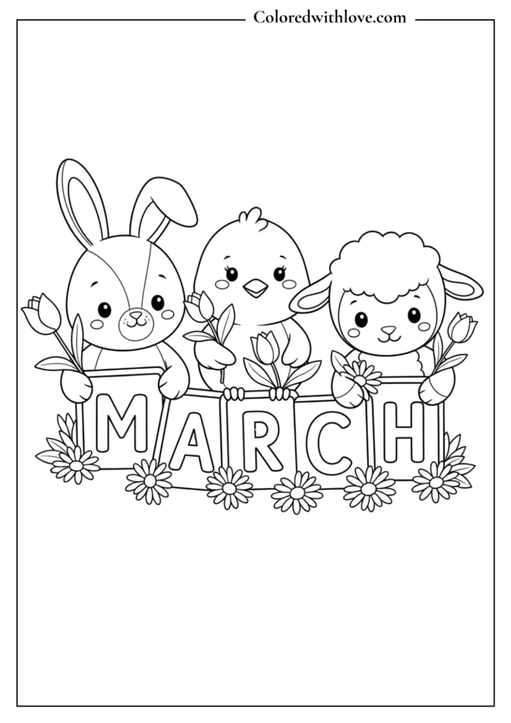 Cute animals Holding March cards coloring page