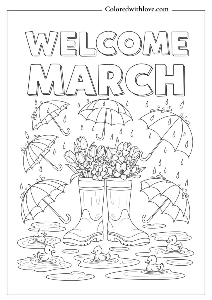 A cheerful “Welcome March” scene with rain boots and umbrellas Coloring Page
