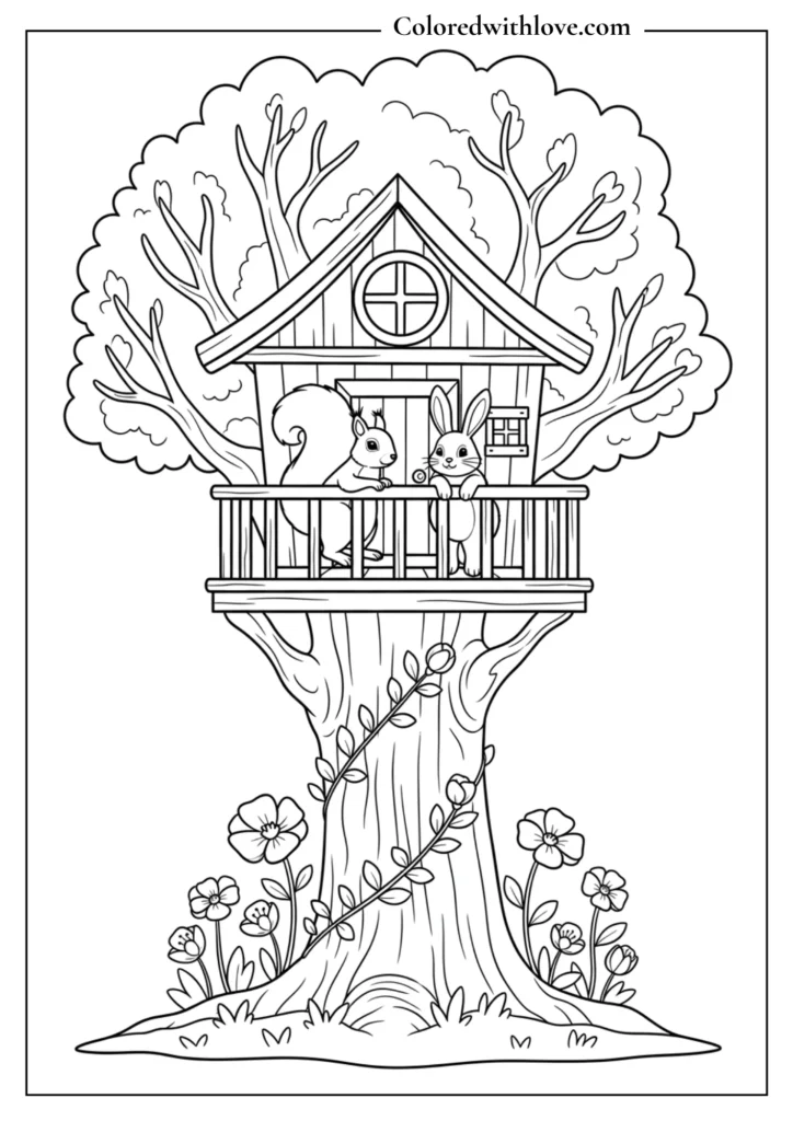 a cute tree house coloring page