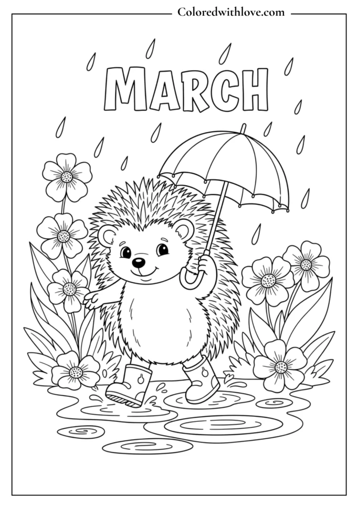 A hedgehog jumping in puddles with an umbrella coloring page
