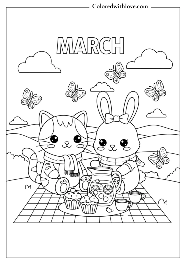 Cozy animals sipping tea during a spring rain coloring page
