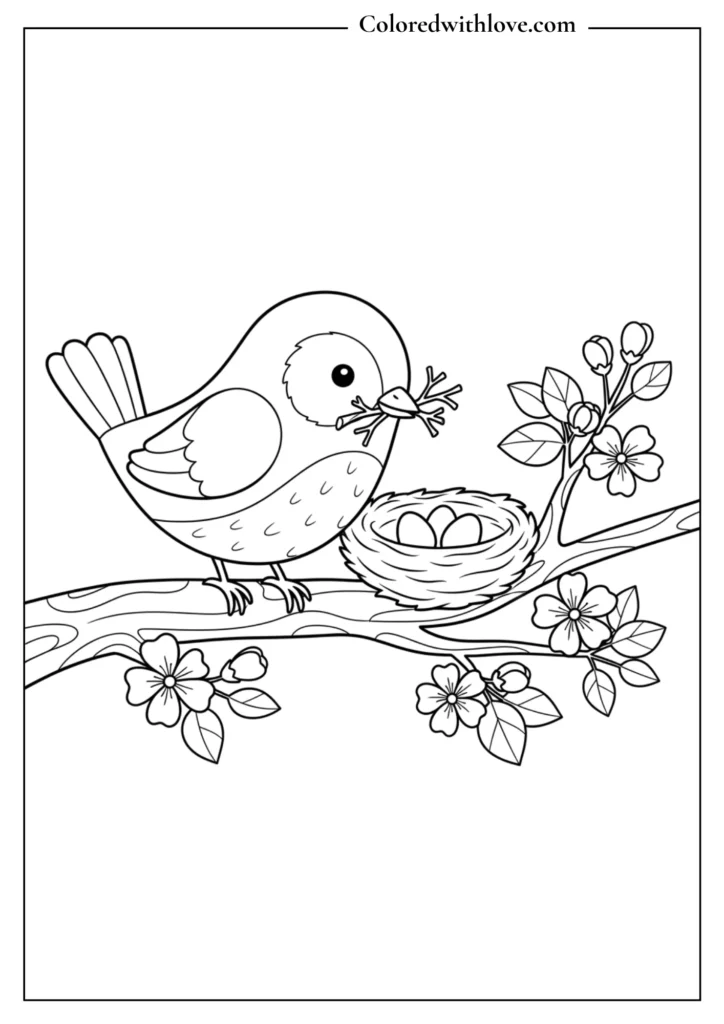 birds warming her eggs coloring page