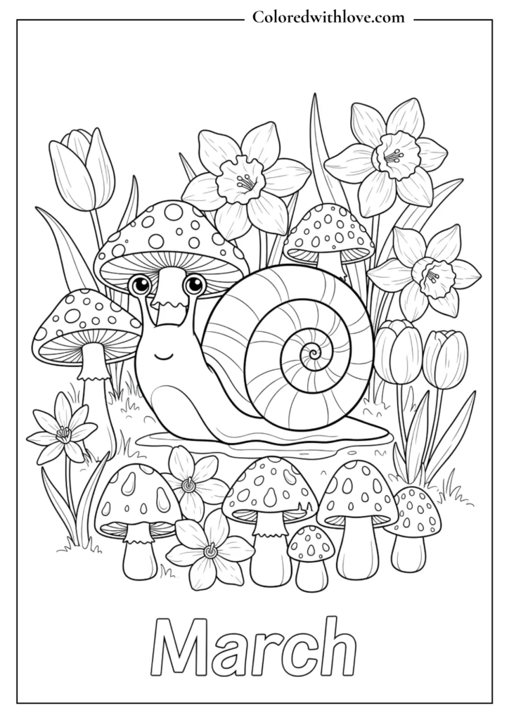 a snail surounded by flowers and muchrooms coloring page