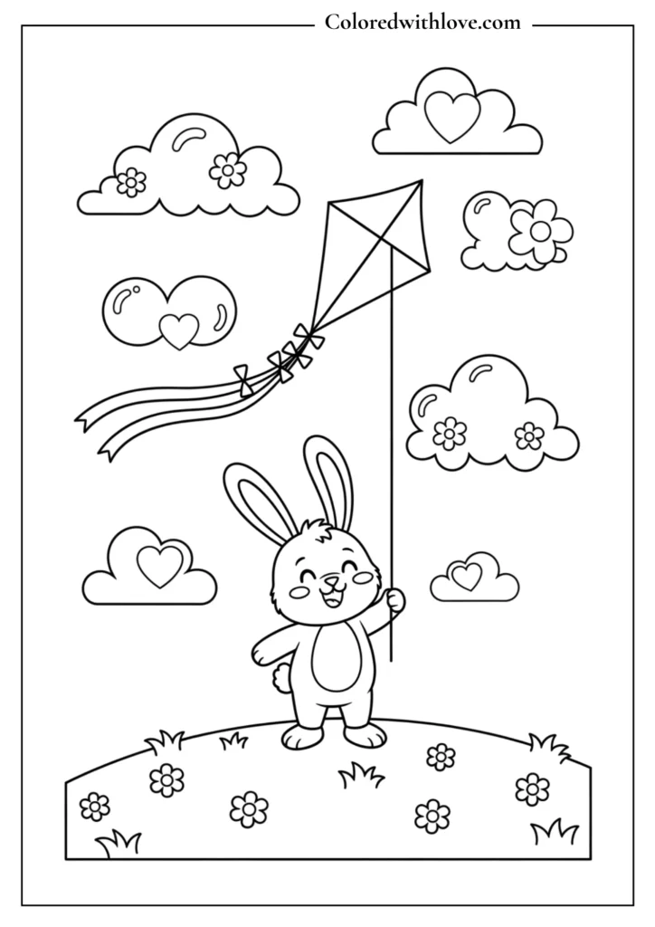Spring creatures flying kites on breezy days coloring page
