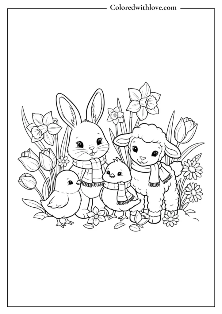 Cute forest animals surrounded by flowers Coloring page
