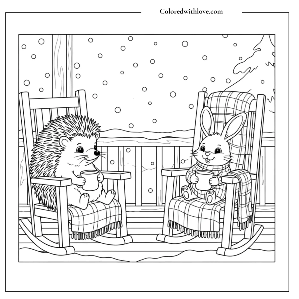 A hedgehog and bunny watching snow fall coloring page