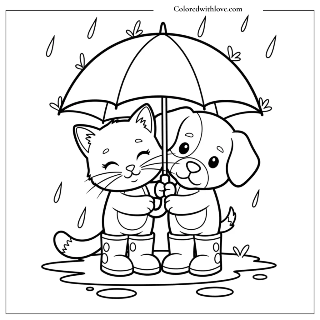 A kitten and puppy sharing one umbrella coloring page