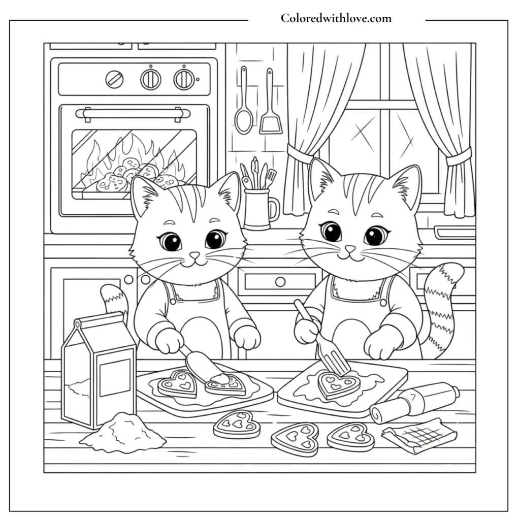 Cats baking heart-shaped cookies coloring pages
