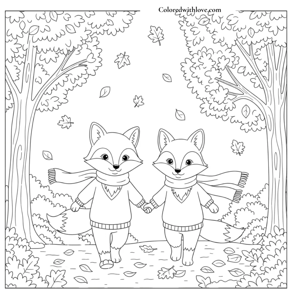  Foxes on an Autumn walks through falling leaves coloring pages