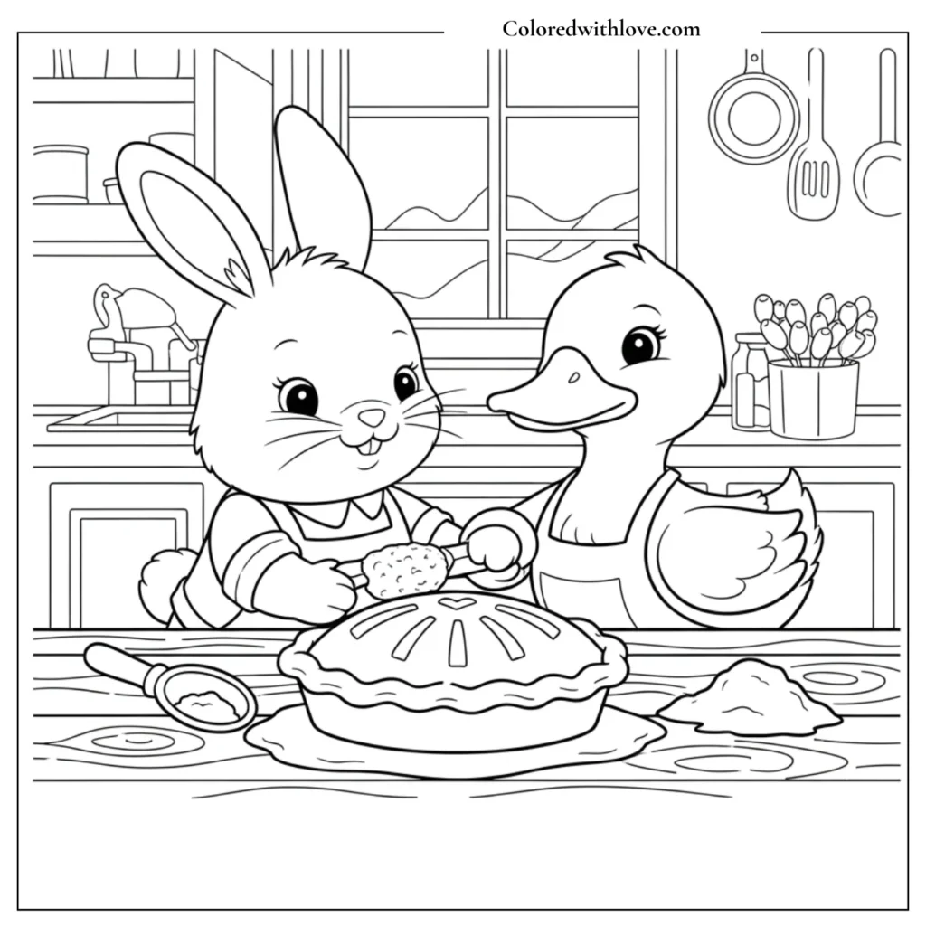 A bunny and duck preparing a pie coloring page
