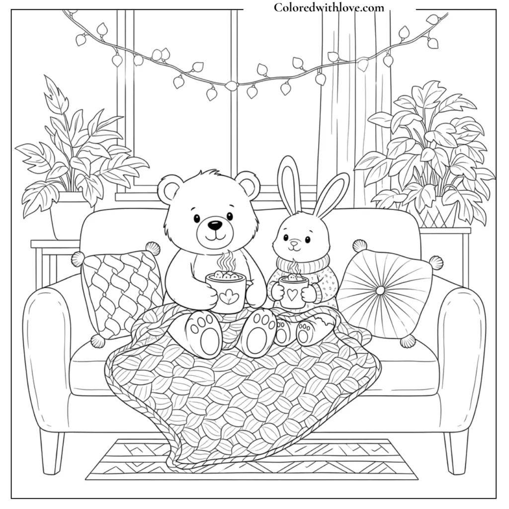 Bear and bunny sharing hot cocoa under a knitted blanket coloring page